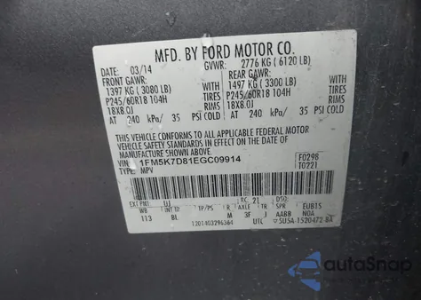 2014 Ford Explorer Xlt from USA, damaged, VIN 1FM5K7D81EGC09914
